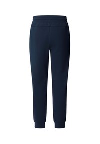 Pantaloni della tuta a gamba stretta blu navy con vita elastica e polsini alla caviglia, mostrati da dietro su sfondo bianco.
