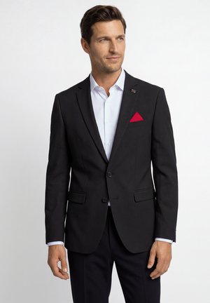 Mann trägt schwarzen Anzug mit weißem Hemd und rotem Einstecktuch, schaut leicht nach links vor einfarbigem Hintergrund.