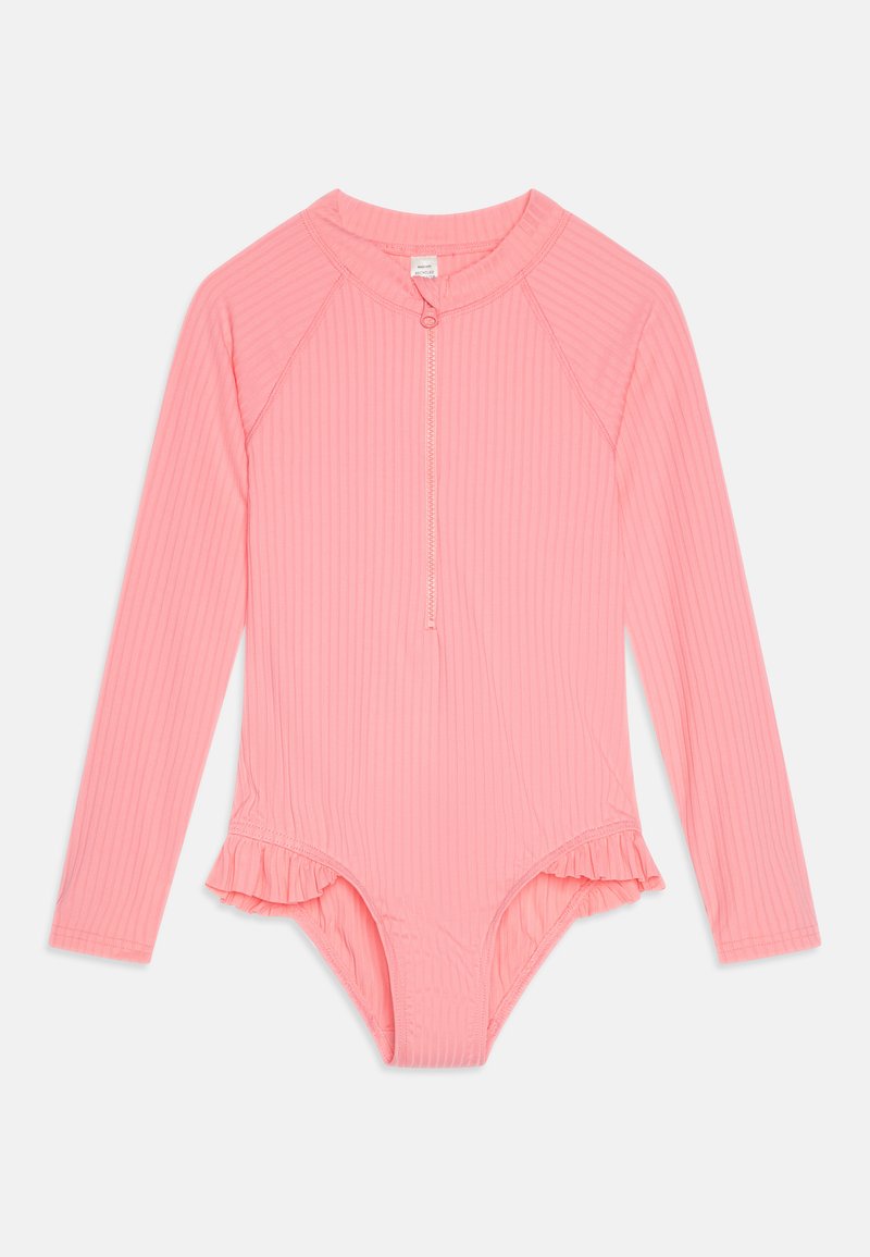 Ροζ ριμπ μαγιό με μακριά μανίκια, φερμουάρ μπροστά και ρυάκους στις άκρες των ποδιών. Λείος υφασμάτινος χαρακτήρας και εφαρμοστή σχεδίαση.