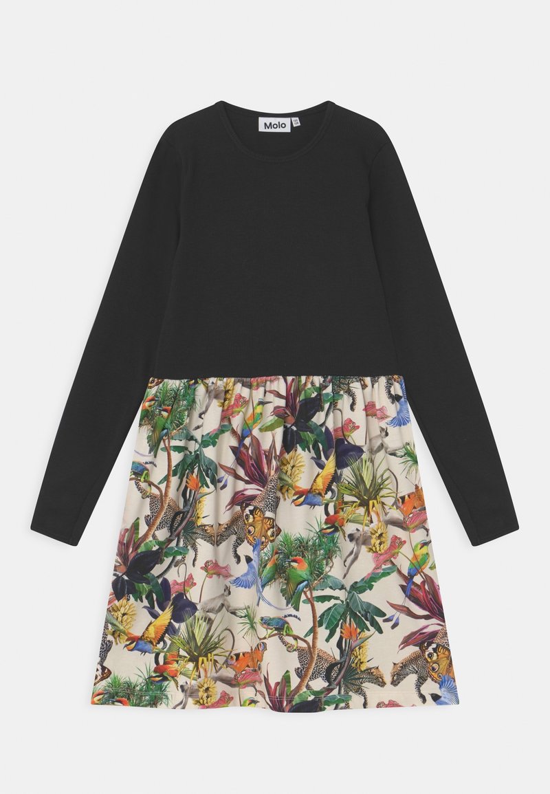 Robe noire à manches longues avec une jupe imprimée jungle colorée présentant des oiseaux, des léopards, des papillons et des plantes tropicales.