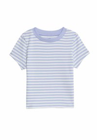 T-shirt à manches courtes rayé en bleu clair et jaune pâle, en matériau côtelé avec un col rond et un ourlet droit.