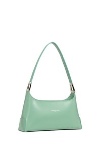 Sac à épaule vert menthe en cuir lisse avec une forme structurée, doté d’une boucle en argent et d’un logo imprimé sur le devant.
