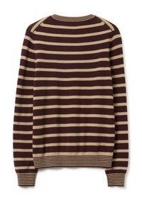 Maglione a strisce marroni e beige, in tessuto a maglia, con collo a giro, polsini e orlo a costine, caratterizzato da strisce orizzontali equidistanti sul tessuto.