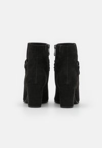 Bottines en daim noir avec un talon carré, présentant une fermeture éclair sur le côté et une texture lisse, conçues pour épouser la silhouette de la cheville.