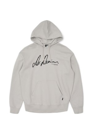 Light gray hoodie made of soft fabric, featuring a front pocket, drawstring hood, and a black cursive logo on the chest.