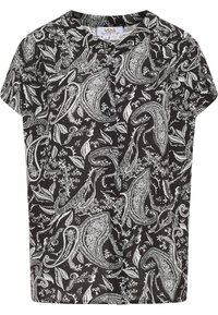Sort og hvid skjorte med paisley-mønster og blomsterdetaljer. Blødt stof, korte ærmer og rund halsudskæring.