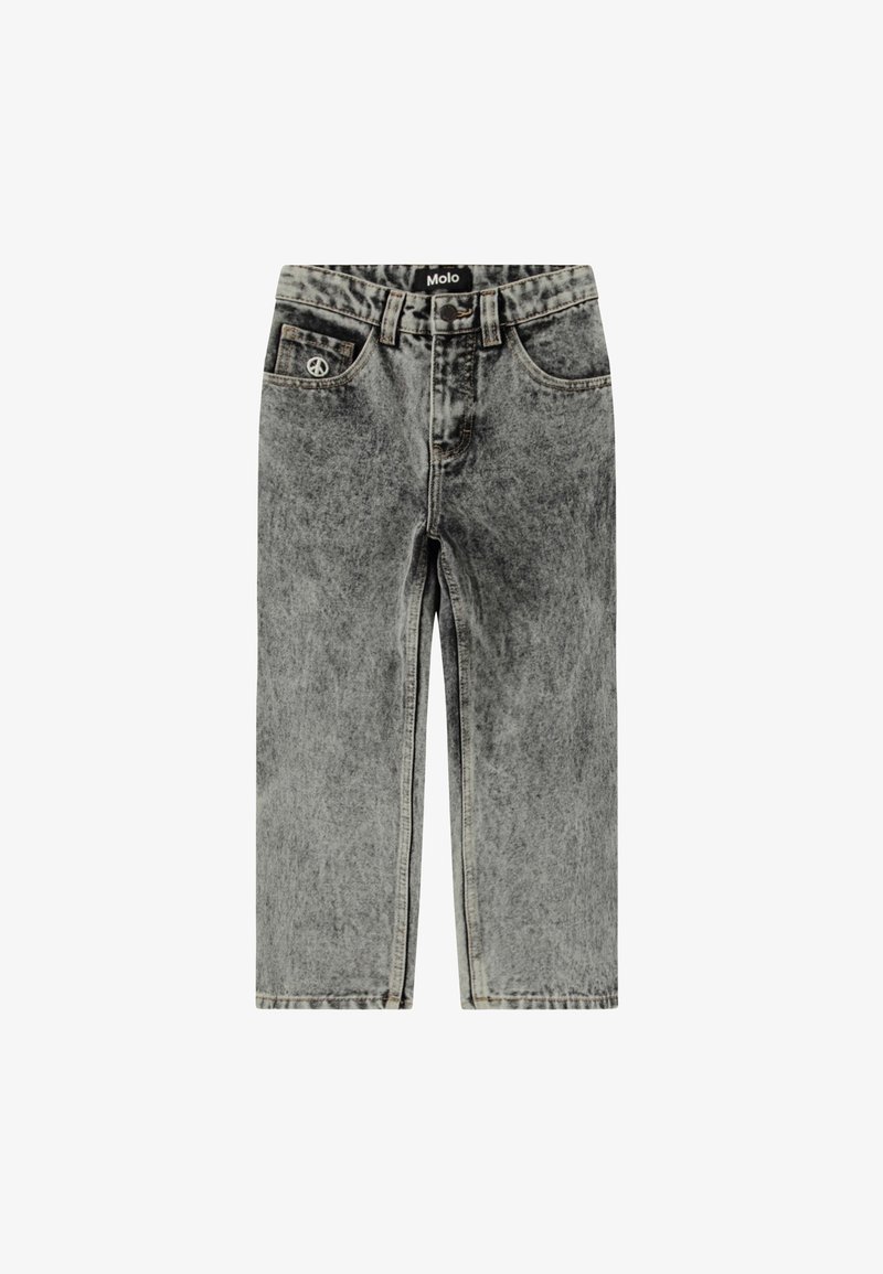 Jean droit gris délavé à l'acide avec poches avant, passants pour ceinture, fermeture par bouton et petit détail de symbole de paix sur une poche.
