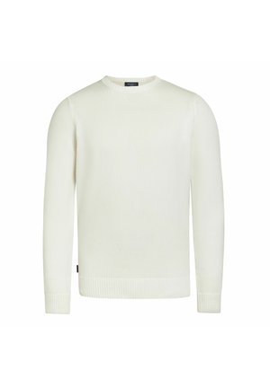 Pull en tricot couleur crème avec un col rond, des manches longues et des bords côtelés au niveau des poignets et de l'ourlet. Texture lisse, design minimal, sans motifs visibles.