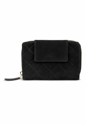 Schwarzes gesteppte Portemonnaie mit Wildlederklappe und goldfarbenem Reißverschluss auf weißem Hintergrund.