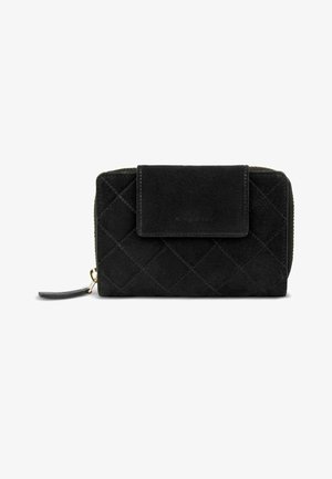 Portefeuille noir matelassé avec fermeture à rabat en daim et tirette de fermeture éclair dorée sur fond blanc.