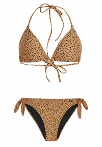 Bikini-set met een driehoektop en knopen aan de zijkanten in een tan stof met zwarte stippen. Soepele textuur met verstelbare touwtjes.