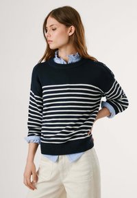 Maglione a righe blu marine e bianche con scollo a girocollo e dettagli con bottoni sulla spalla, indossato sopra una camicia color azzurro chiaro con colletto.