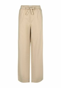 Bežové nohavice so širokými nohavicami, elastickým pásom a viazanou šnúrou. Hladká, ľahká látka s voľným strihom. Žiadne viditeľné vrecká.
