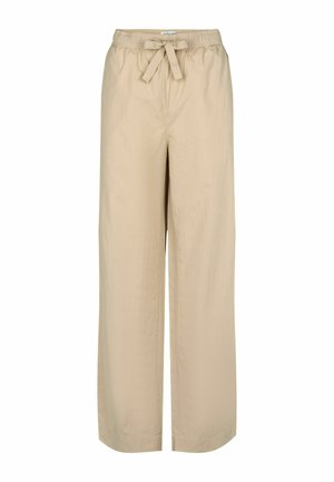 Beige vide bukser med elastisk talje og knyttet snor. Glat, letvægtsstof med en afslappet pasform. Ingen lommer synlige.