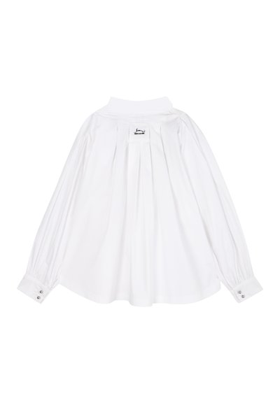 White long-sleeve shirt with a pleated back, buttoned cuffs, and a small logo tag at the neckline. Smooth fabric with a structured design.