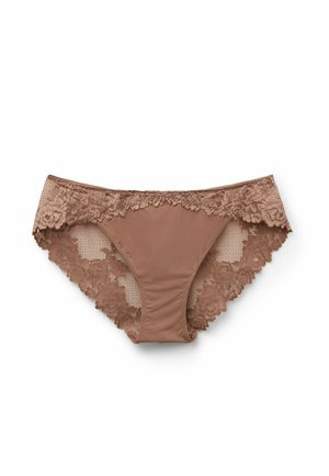 Bruine slip met kant, afgewerkt met een gladde, uniforme stof voor het hoofdlichaam en bloemenkantaccenten langs de tailleband en beenopeningen.