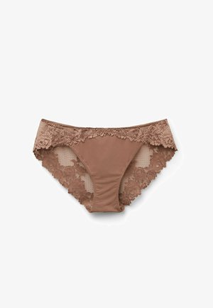 Bragas marrones con encaje, con un cuerpo principal de tejido liso y acentos de encaje floral a lo largo de la cinturilla y las aberturas de las piernas.