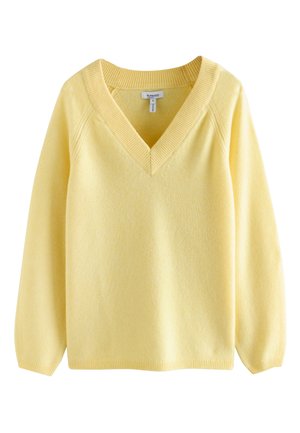 Blød gul V-udskæring langærmet sweater med ribbet halsudskæring, manchetter og kant, vist på en hvid baggrund.