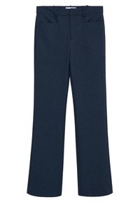 Pantalon bleu marine droit avec passants pour ceinture, poches frontales et fermeture éclair frontale cachée.