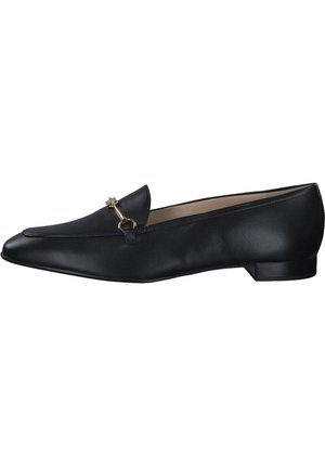 Black leather loafers with a pointed toe, featuring a gold hardware accent and a low stacked heel. Smooth texture and minimal design.