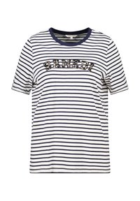 Gestreept T-shirt met korte mouwen in marineblauw en wit, met een ronde halslijn en pailletten die "SAMEDI" op de voorkant spellen.