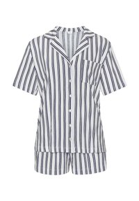 Kurze Pyjamahose aus leichtem Stoff mit vertikalen marineblauen und weißen Streifen, einem Reverskragen und einer Brusttasche auf dem Oberteil.