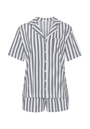 Short-sleeve pajama set in light fabric, featuring vertical navy and white stripes, a notch collar, and a chest pocket on the top.