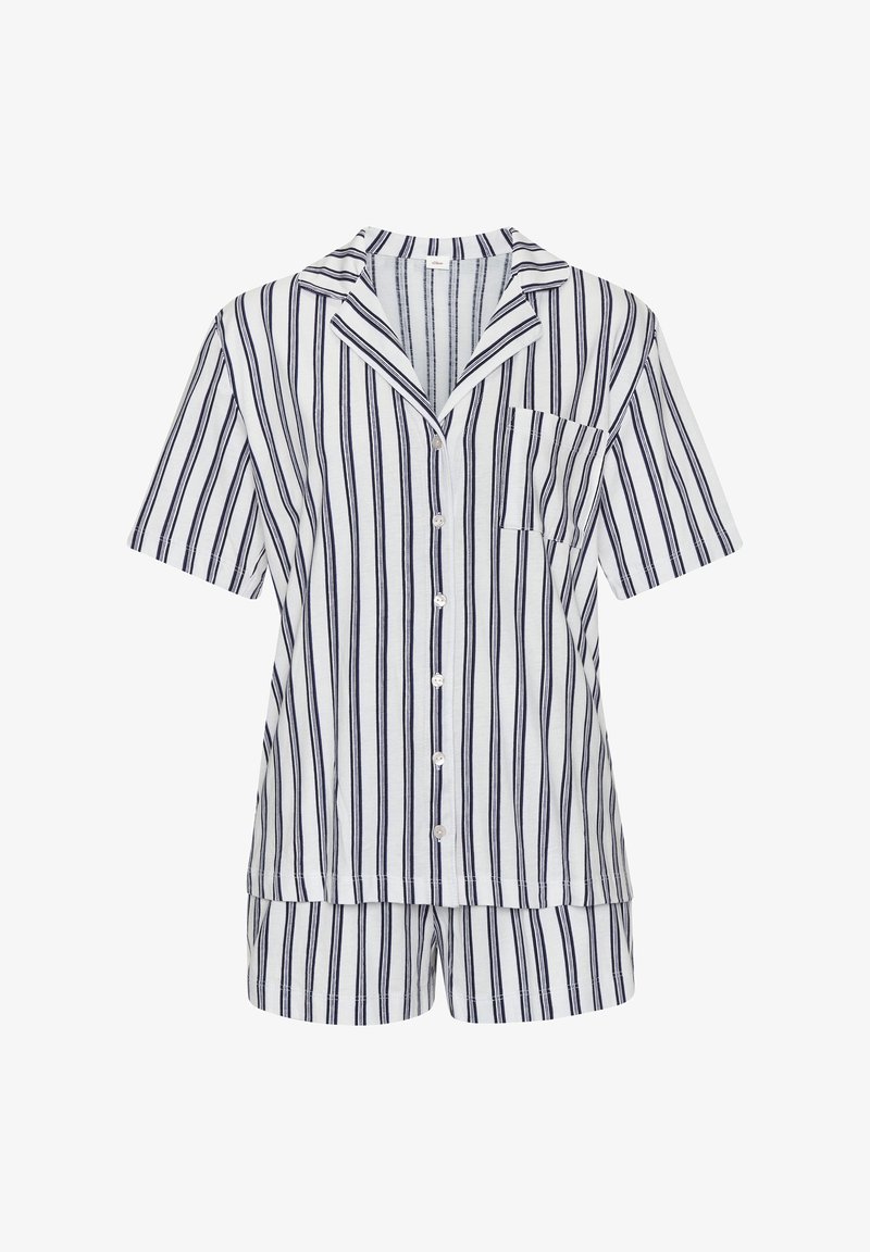 Short-sleeve pajama set in light fabric, featuring vertical navy and white stripes, a notch collar, and a chest pocket on the top.