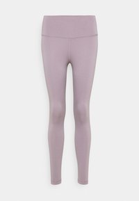 Leggings lilas clairs en tissu extensible, dotés d'une taille haute et d'une texture lisse, conçus pour le confort et la flexibilité.