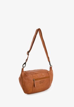 Tan læder skuldertaske med en rundet form, justerbar rem og frontlomme med lynlås. Har et diskret logo prægede på siden.