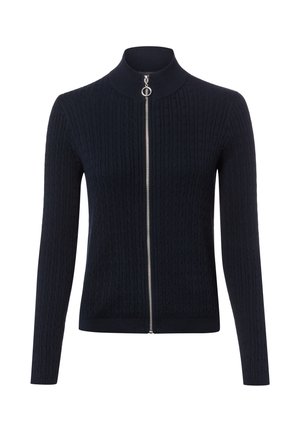 Marineblauw kabelgebreid vest met lange mouwen, hoge kraag en zilveren ritssluiting over de volle lengte met een ronde trekker.