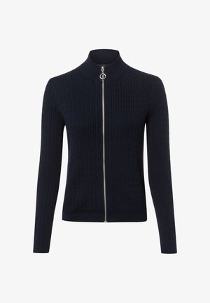 Cardigan bleu marine en maille torsadée avec manches longues, col montant et fermeture éclair argentée intégrale avec curseur rond.