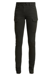 Cargo pants in dark olive green, made from cotton blend. Features slim fit, front and side pockets, and a button closure at waist.