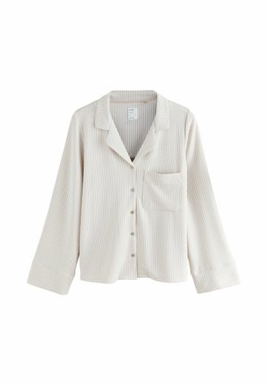 Lichtbeige pyjamashirt met dunne verticale strepen, kraag met inkeping, lange mouwen, knoopsluiting en één borstzak. Zachte stoftextuur.