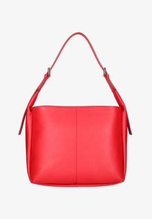 Rode leren handtas met een enkele band, rechthoekige vorm, korrelige textuur en stiksel in het midden aan de voorkant.