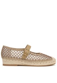 Espadrilles in rete beige con suola in juta intrecciata, dotate di un cinturino decorativo con fibbia e un design open-toe con una piattaforma rialzata.