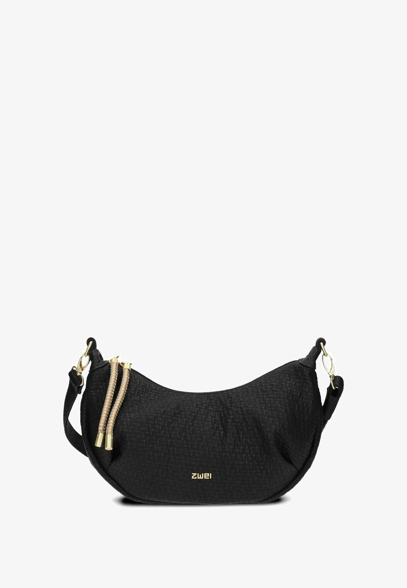 Borsa a spalla in tessuto nero con trama testurizzata, hardware dorato e tirazip intrecciati. Tracolla regolabile per versatilità.