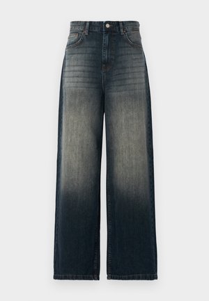 Bredde jeans i mørk denim med en falmet gradient fra mørk til lys, udstyret med fem lommer og kontrasterende syninger.