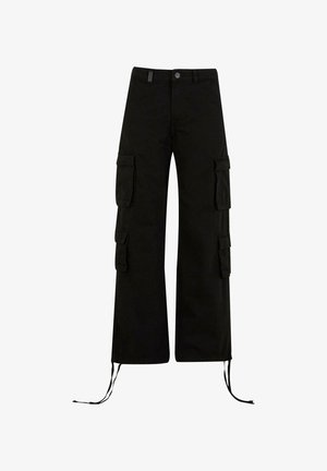 Black cargo pants with a relaxed fit, featuring cargo pockets on the sides, drawstring hems, and a button closure at the waist.