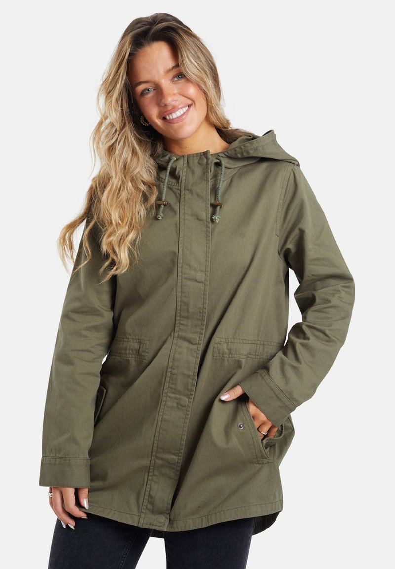 Olivgrüne, kapuzenjacke mit Reißverschluss und zwei großen Seitentaschen. Mit Kordelzug an der Kapuze, aus strapazierfähigem, strukturiertem Stoff gefertigt.