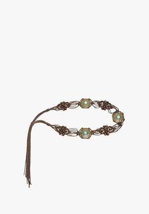 Brązowy pasek makramowy z metalowymi akcentami. Posiada turkusowe centra i ozdobne węzły, z frędzlami na końcach. Wyrafinowany design.