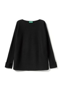 Czarny, wełniany sweter z prążkowaną teksturą, szerokim dekoltem i długimi rękawami z mankietami.