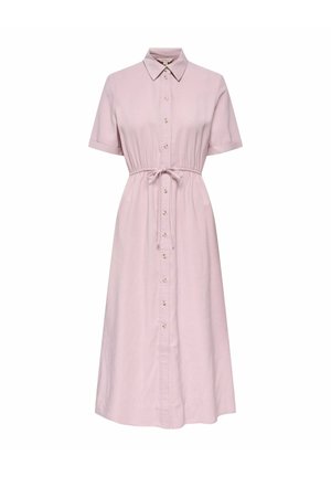 Svetloružové midi košeľové šaty s krátkymi rukávmi, zapínaním na gombíky na prednej strane, špicatým golierom a nastaviteľným pásom so sťahovacou šnúrkou.