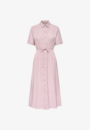 Svetloružové midi košeľové šaty s krátkymi rukávmi, zapínaním na gombíky na prednej strane, špicatým golierom a nastaviteľným pásom so sťahovacou šnúrkou.