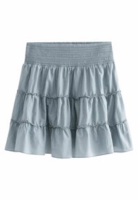 Hellblauer, gestufter Minirock mit gerafftem elastischem Bündchen und rüschierten horizontalen Nähten für eine schwingende Silhouette.