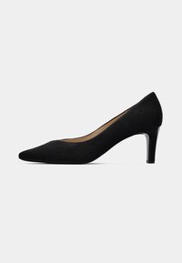 Black suede high-heeled pump with a pointed toe and a glossy black heel, featuring a smooth texture and minimalist design.