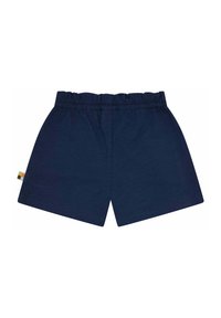 Bermuda in cotone blu navy con vita elasticizzata e spacchi laterali. Presenta una piccola etichetta multicolore sull'orlo inferiore.