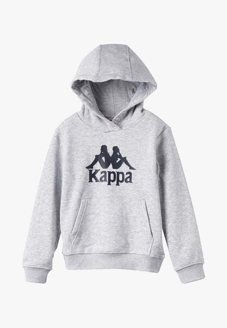 Sweat à capuche gris clair avec poche avant et logo Kappa noir représentant des silhouettes assises dos à dos sur la poitrine.
