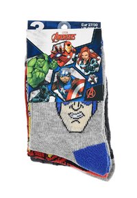Confezione di tre paia di calzini in cotone con personaggi degli Avengers. Calzino grigio con il viso di Captain America e design colorati di Hulk e Iron Man.