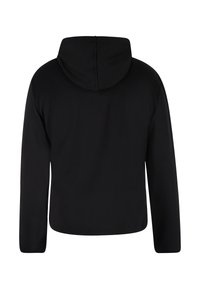 Schwarzer Kapuzenpullover mit langen Ärmeln, einem schlichten Design und einer glatten Textur, mit einem geraden Saum und ohne sichtbare Hardware.